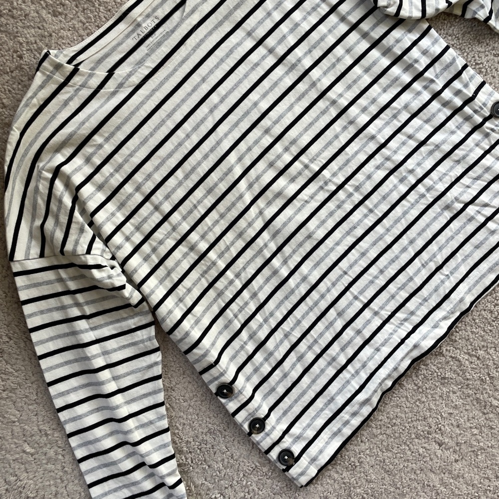 Talbots Black White Striped Cotton Long Sleeve Top Size Petite XL Buttons Gray - Picture 8 of 9
